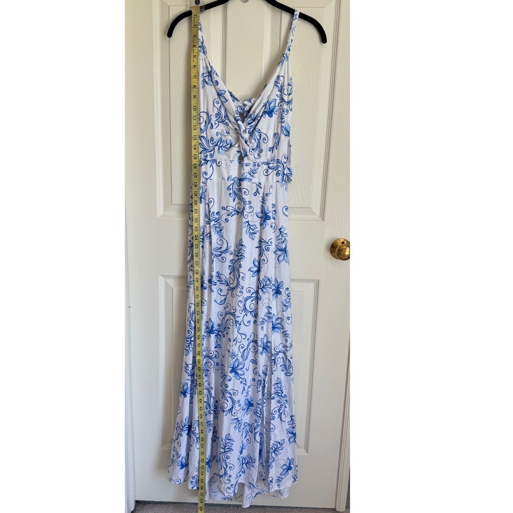 1.STATE Blue White Floral Linen Blend Twist Front Tie Back Maxi Dress Large